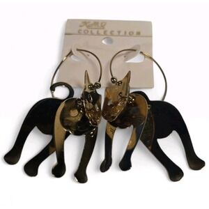 NEW KMQ Vintage Gold Tone Cat Hoop Dangle Earrings Layered Feline Charm Novelty